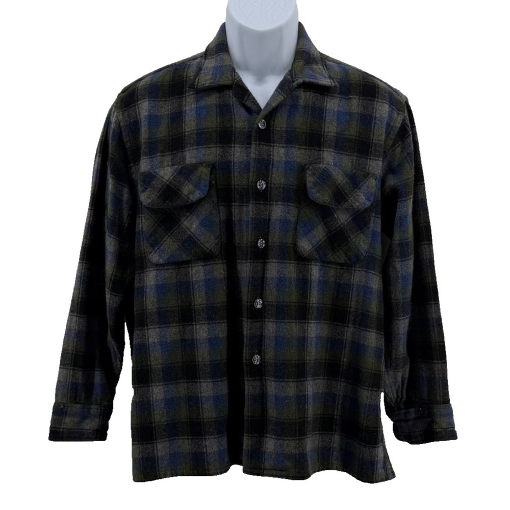 Vintage Bruno Wool Linen Flannel Shirt Mens Large Plaid Button Front USA